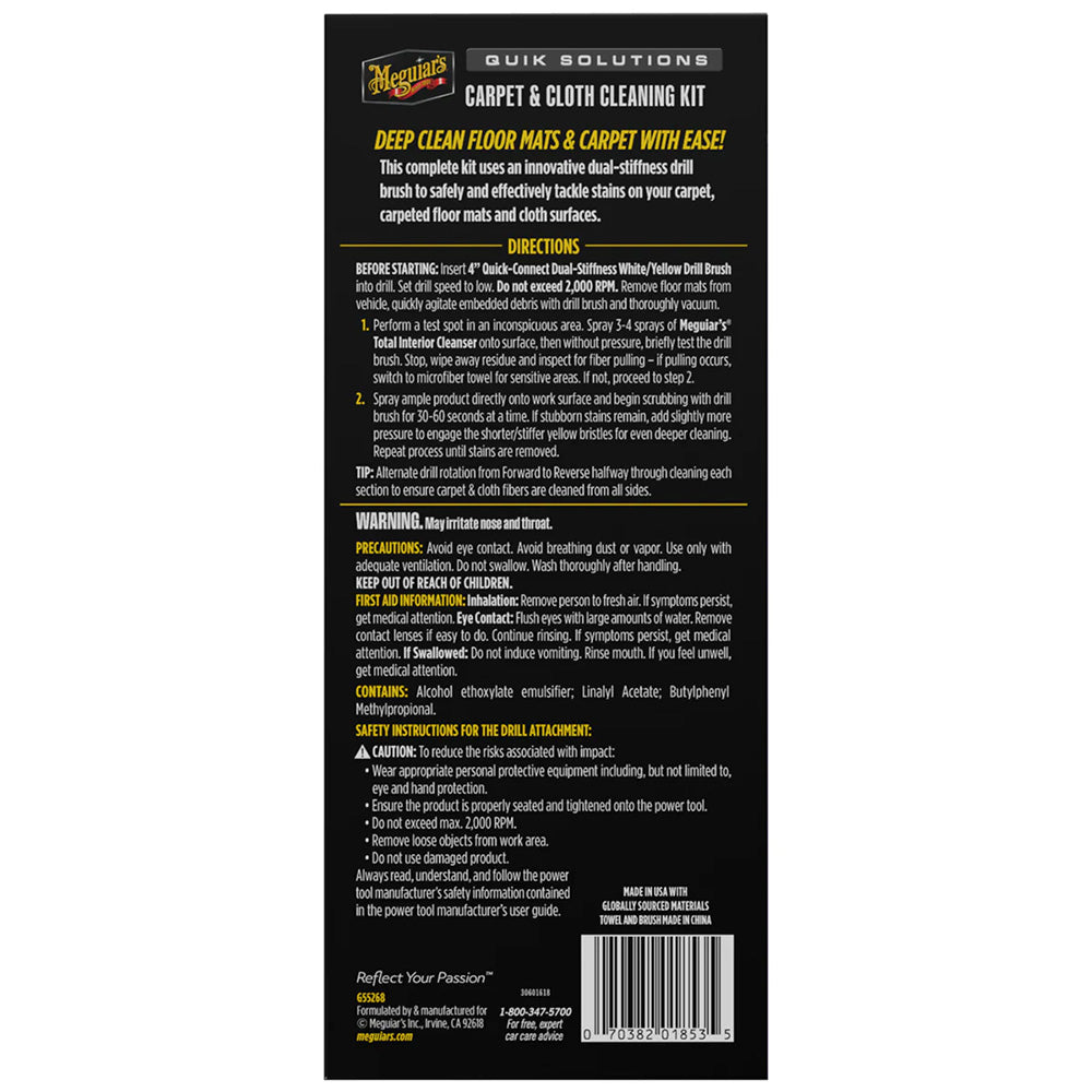 Meguiar's Quik Solutions Carpet & Cloth Cleaning Kit, Includes Premium Cleaner, Microfiber Towel & Drill Brush