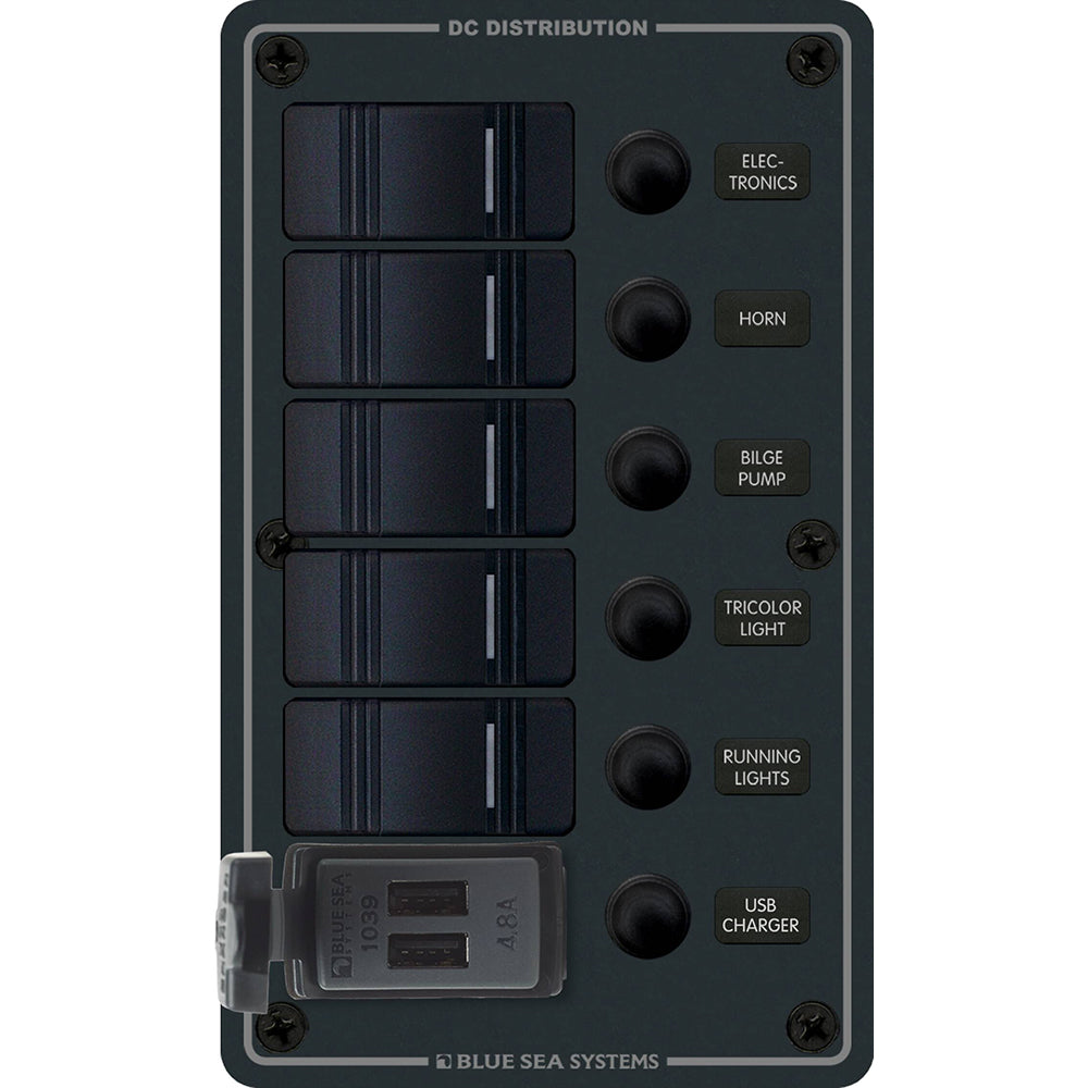 Blue Sea Systems 5-Pos Contura Switch Panel w/ Dual USB, 12/24V DC