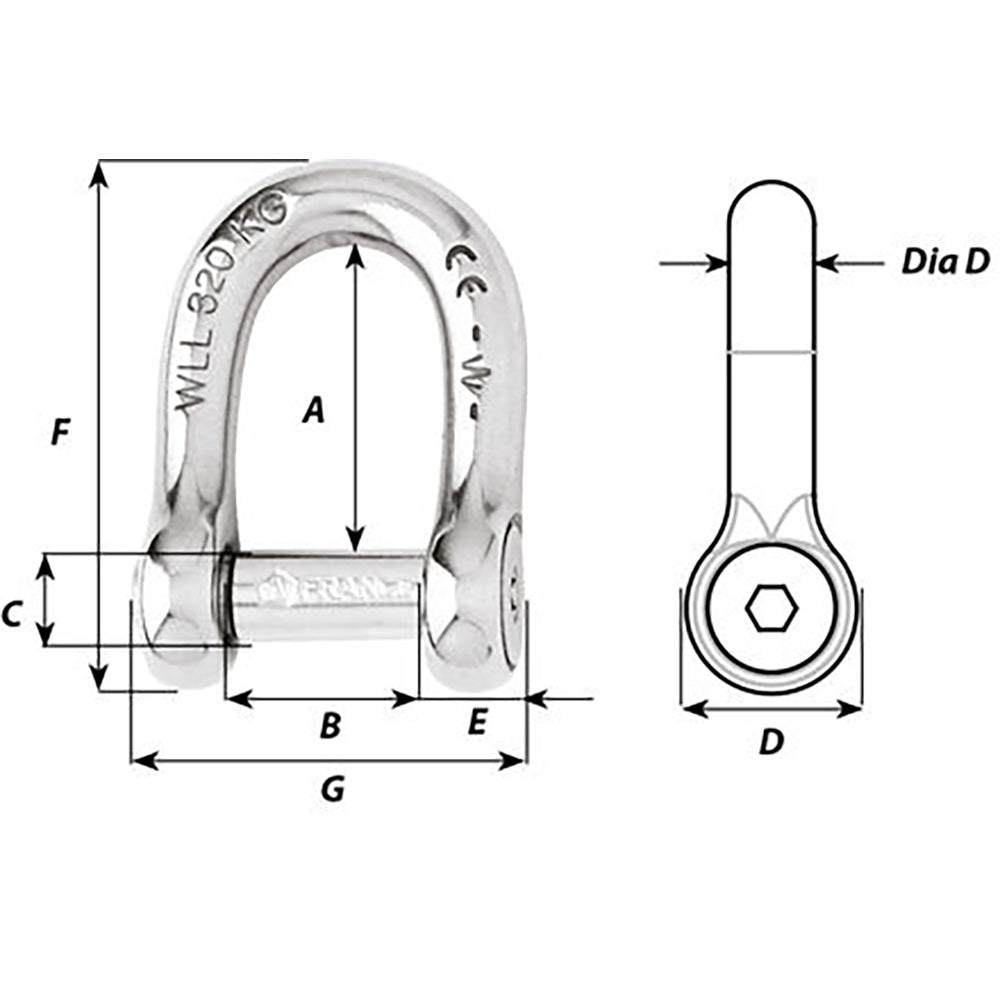 Wichard Marine Self-Locking Allen Head Pin D Shackle, 10mm – 316L SS