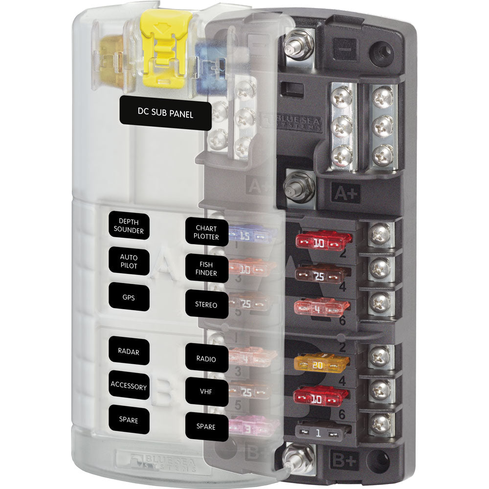 Blue Sea Systems ST-Blade Split Bus Fuse Block, 12 Circuits, 32V DC