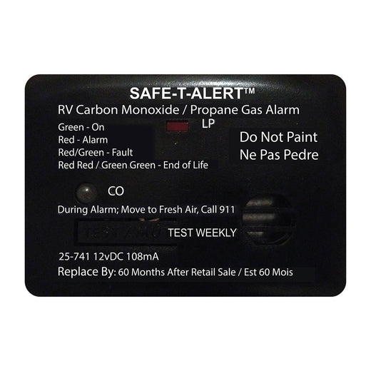 Safe-T-Alert 25 Series Dual Carbon Monoxide and Propane Gas Alarm, 12V Hardwire, Black