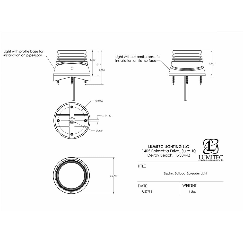 Lumitec Zephyr LED Spreader/Deck Light, Brushed White Base - White Non-Dimming