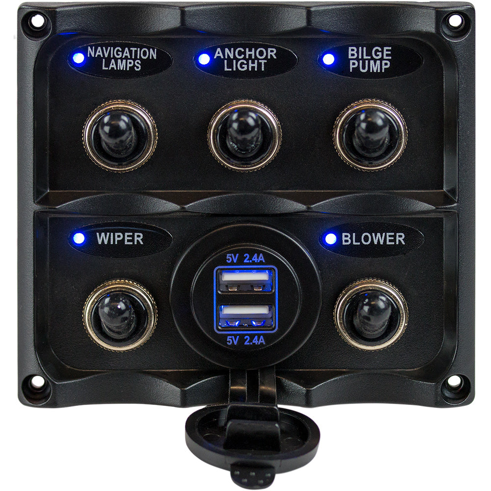 Sea-Dog 5-Toggle Water Resistant Switch Panel with Dual USB Socket