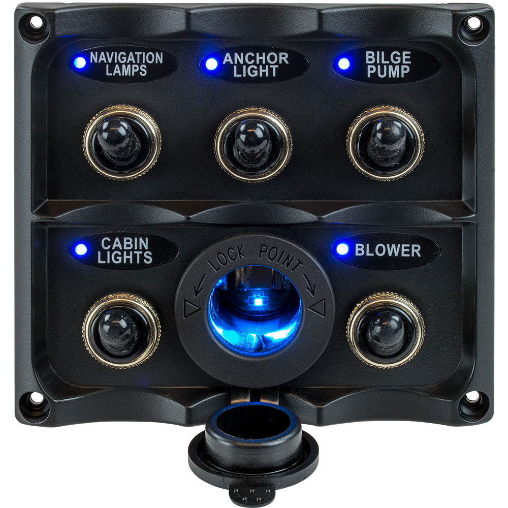 Sea-Dog Water Resistant Toggle Switch Panel, 5 Toggle with LED Power Socket
