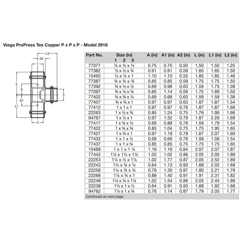 Viega ProPress 77412 1" Copper Tee, Model 2918 – Smart Connect Technology