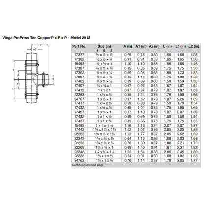 Viega ProPress 77412 1" Copper Tee, Model 2918 – Smart Connect Technology