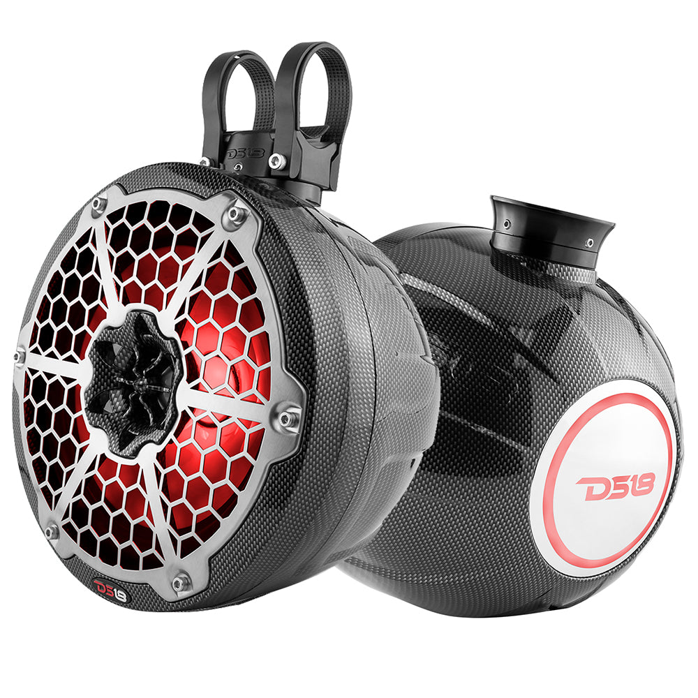 DS18 HYDRO 8 in. Compact Wakeboard Pod Tower Speakers with RGB Lighting, Black Carbon Fiber, Pair