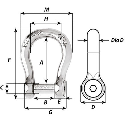 Wichard Self-Locking Allen Head Pin Bow Shackle, 8mm, 316L Stainless Steel