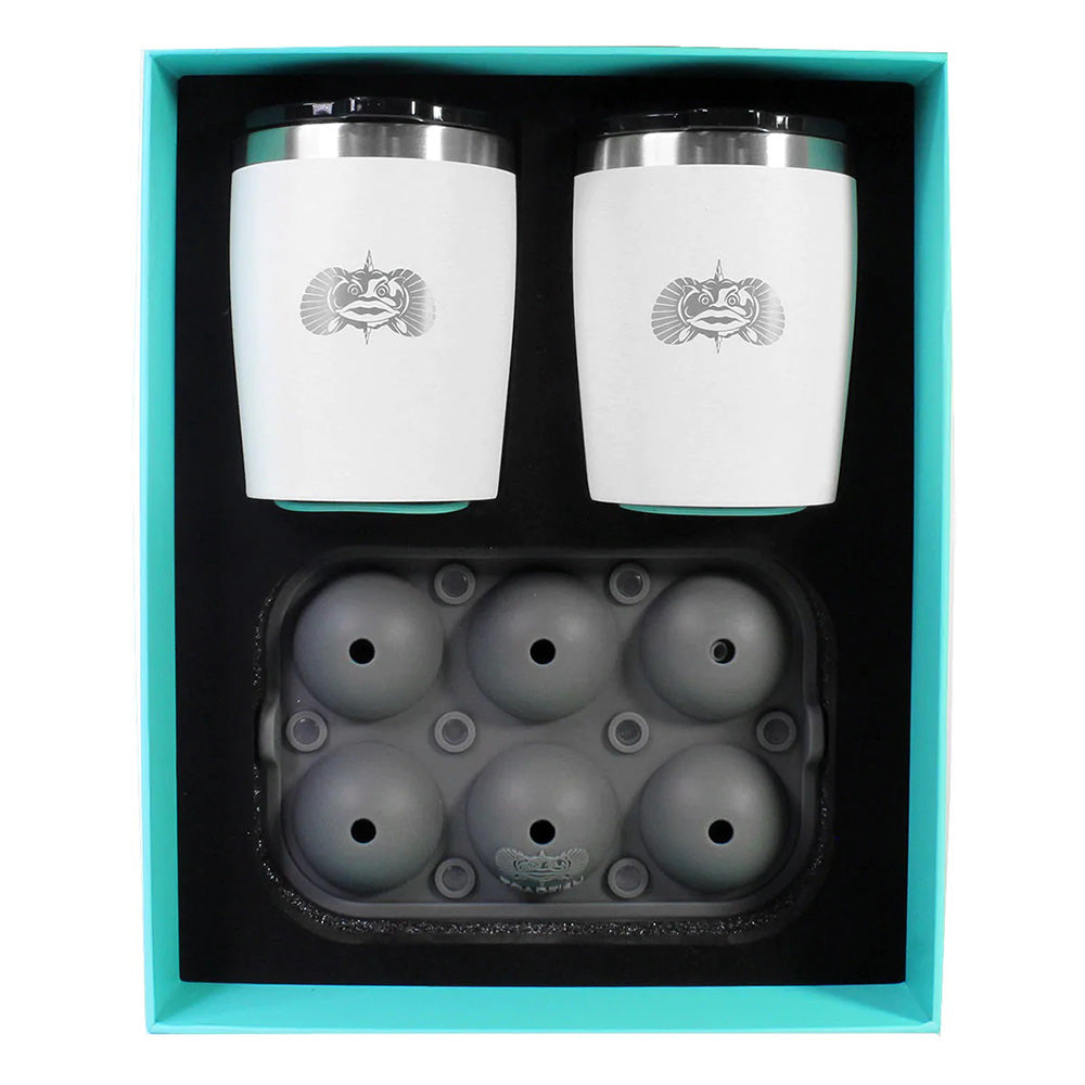 Toadfish Non-Tipping Rocks Tumblers, 10oz White (Set of 2) with Ice Ball Tray