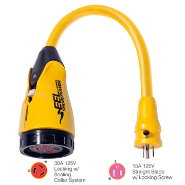Marinco EEL Pigtail Adapter, 30A-125V Female to 15A-125V Male, Yellow