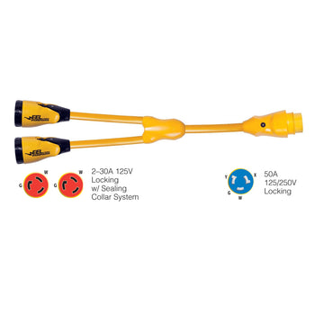 Marinco EEL Y-Adapter, (2) 30A 125V Female to 50A 125/250V Male, Yellow