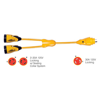 Marinco EEL ShorePower Y-Adapter, (2) 30A 125V F to (1) 30A 125V M, Yellow