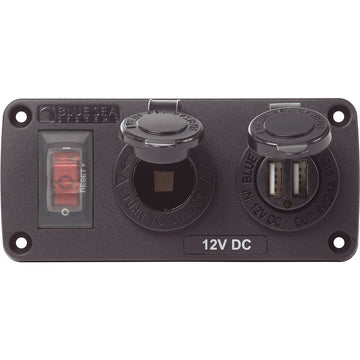 Blue Sea Systems Water-Resistant Panel, 15A CB, 12V Socket, Dual 2.1A USB