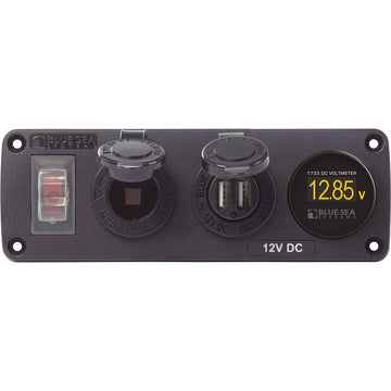 Blue Sea Systems Water-Resistant USB Panel, 15A, Dual USB, Voltmeter