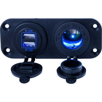 Sea-Dog Double USB & Power Socket Panel, 4.8A, 8-32V DC Input