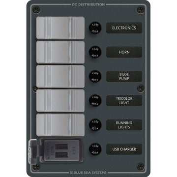 Blue Sea Systems Contura 5-Position Switch Panel with Dual USB, 12/24V DC