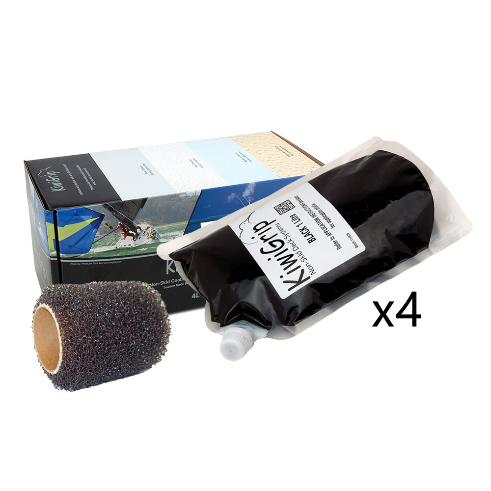 KiwiGrip Non-Skid Deck Coating System, 4x 1 Liter, Black with 4-inch Roller