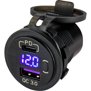 Sea-Dog Round USB & USB-C Power Socket with Hidden Voltmeter, QC/PD
