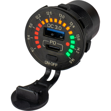 Sea-Dog Round Rainbow Voltmeter with USB & USB-C Power Socket, IP65 Rated